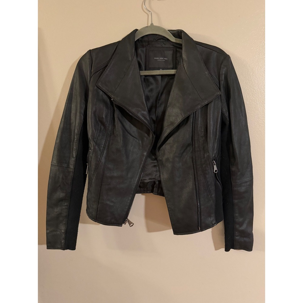 Marc New York Andrew Marc Womens Black Leather Mixed Media Moto Jacket XS